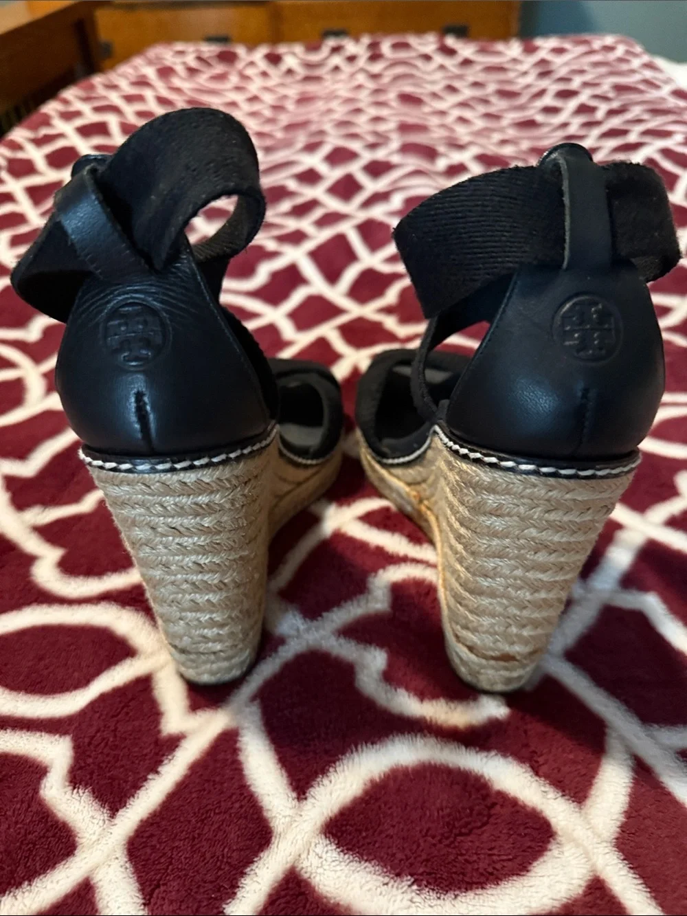 Tory Burch Black Leather Espadrille Wedge Sandals